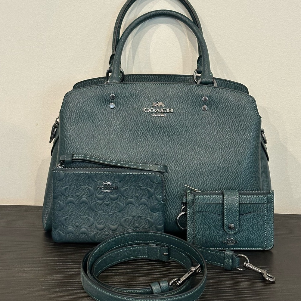 Coach Forest Green 3-Pc Set! Handbag Crossbody Purse, Keychain Wallet, Wristlet!